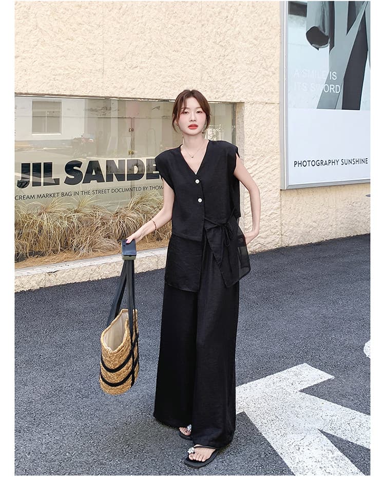 프랑스식 빛 요리 한 바람 민소매 세트 바지 2026 여름 새로운 패션 슬림해 보이는 한국 스타일 민소매 맨위 넓은 다리 치마바지 상세 이미지 20