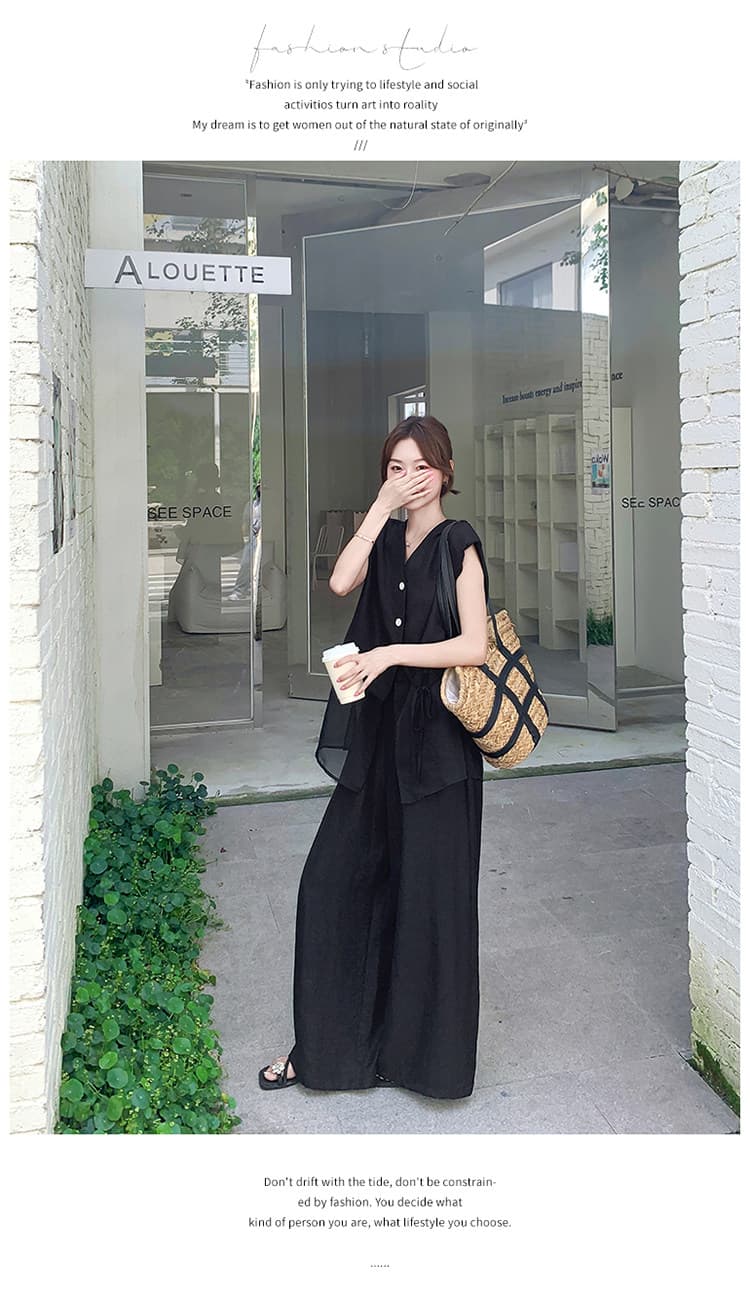 프랑스식 빛 요리 한 바람 민소매 세트 바지 2026 여름 새로운 패션 슬림해 보이는 한국 스타일 민소매 맨위 넓은 다리 치마바지 상세 이미지 27