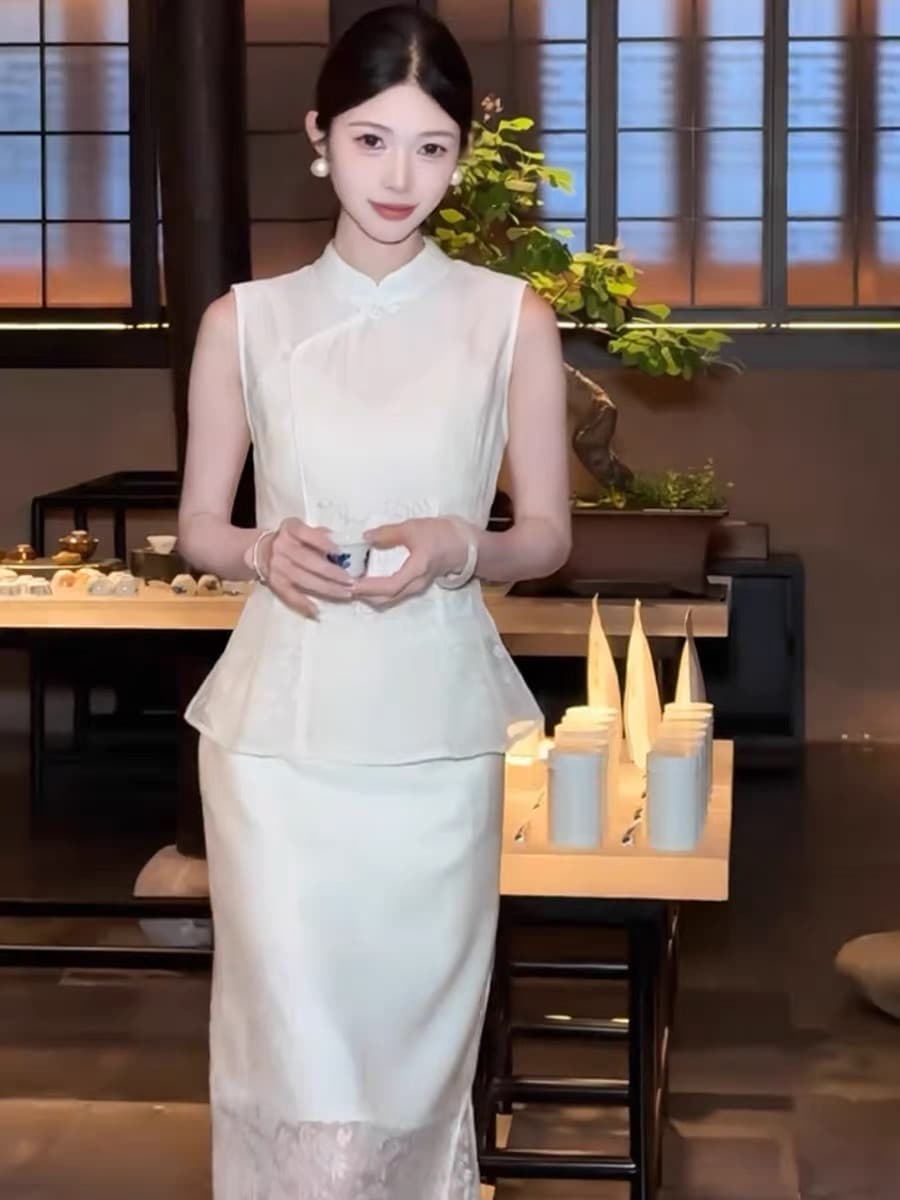 한 옥 화이트 고전 무거운 꽃잎 동백 나무 자카드 화상 꽃 허리 수축 베스트 세트 이미지 3