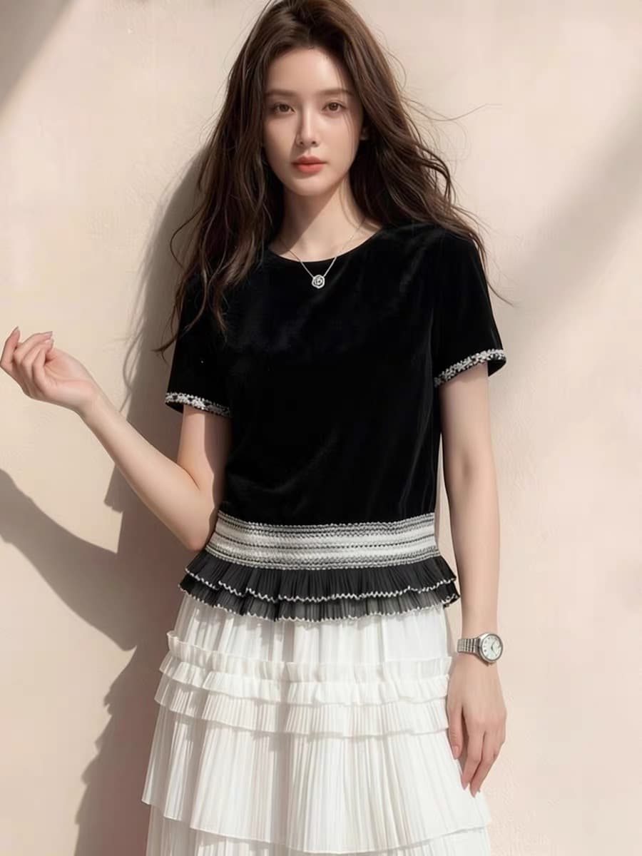 맑은 대체로 흐림 여름 새로운 패션 다용도 연령 감소 품격 프랑스식 우아함 바람 반팔 티셔츠 이미지 5