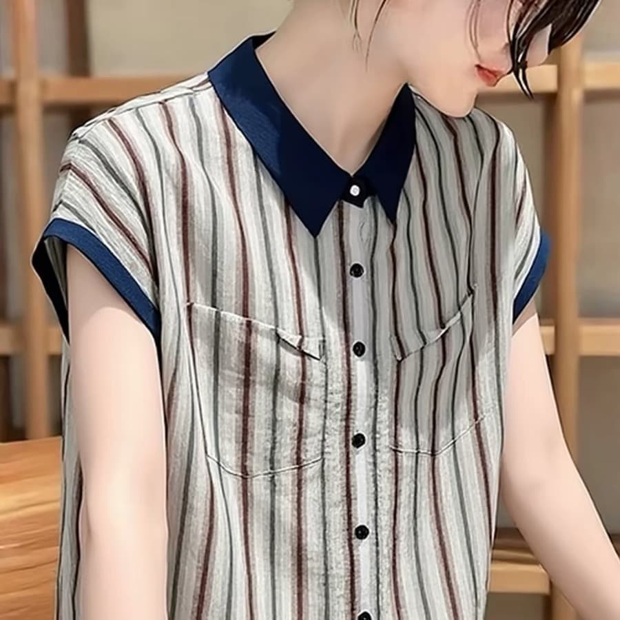 한국 스타일 배색 POLO 칼라 스트라이프 여성 셔츠 2026 여름 새로운 루즈핏 캐주얼 슬림해 보이는 다용도 반팔 맨위 이미지 5