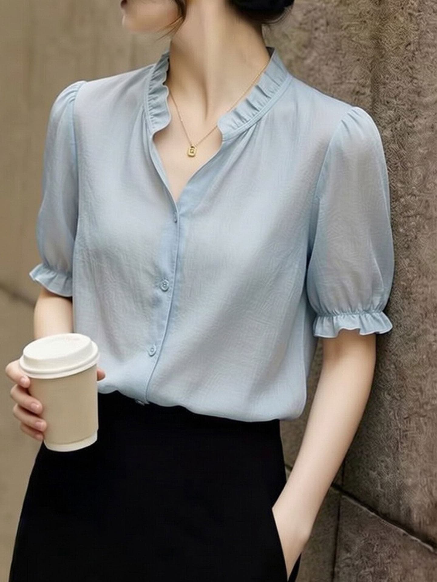 프랑스식 스탠드 칼라 레이스 거품 소매 여성 셔츠 2026 여름 새로운 파란색 몸매 가꾸기 슬림해 보이는 세련된 다용도 맨위 상세 이미지 5