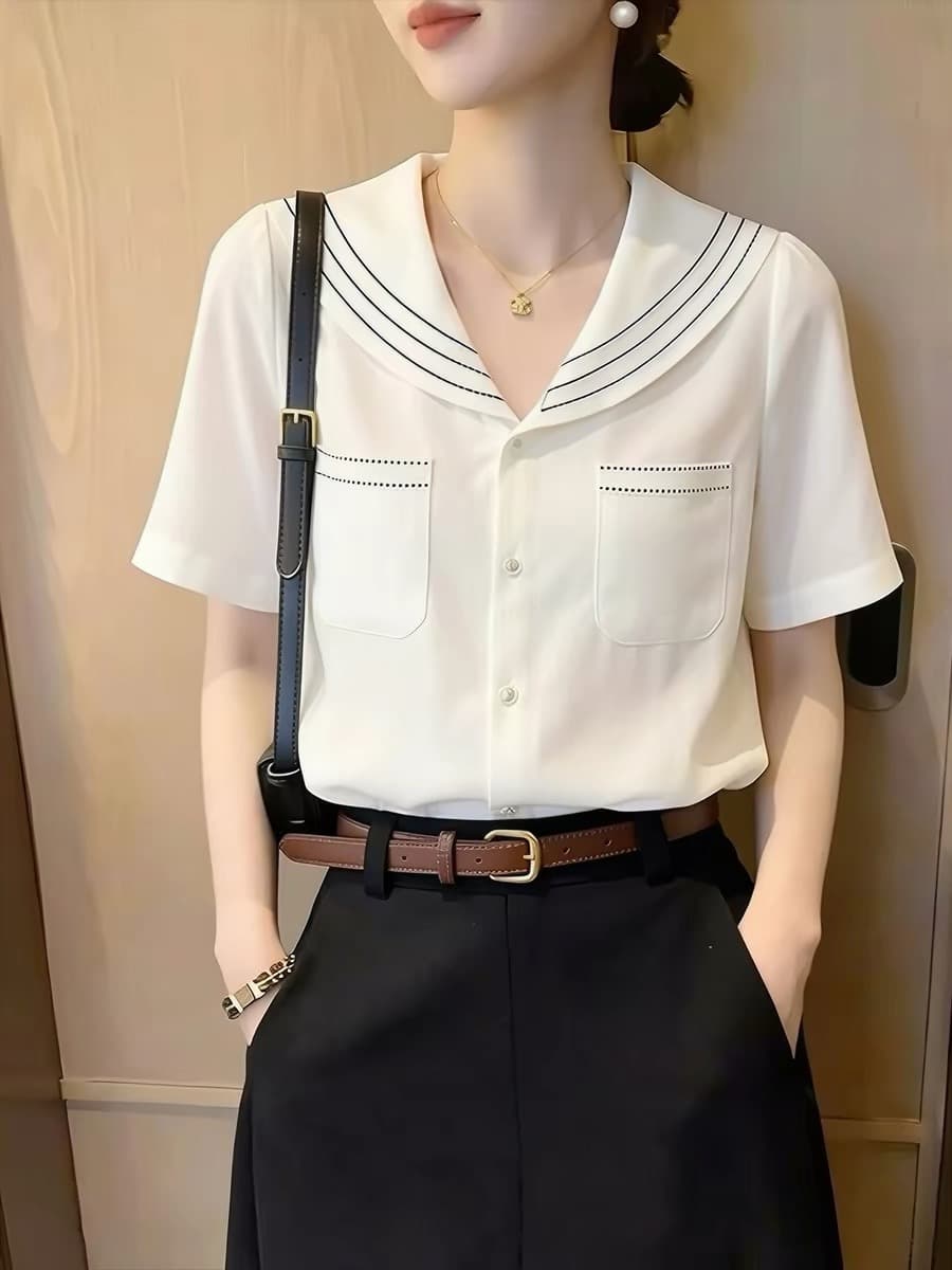 해군 칼라 루즈핏 반팔 여성 셔츠 여름 2026 년 새로운 고급 센스 연령 감소 맨위 셔츠 작은 대중 프랑스식 이미지 4