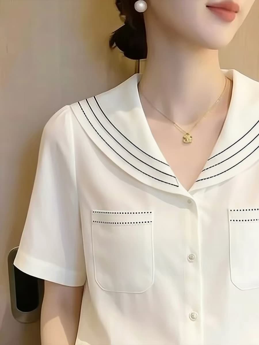해군 칼라 루즈핏 반팔 여성 셔츠 여름 2026 년 새로운 고급 센스 연령 감소 맨위 셔츠 작은 대중 프랑스식 이미지 3