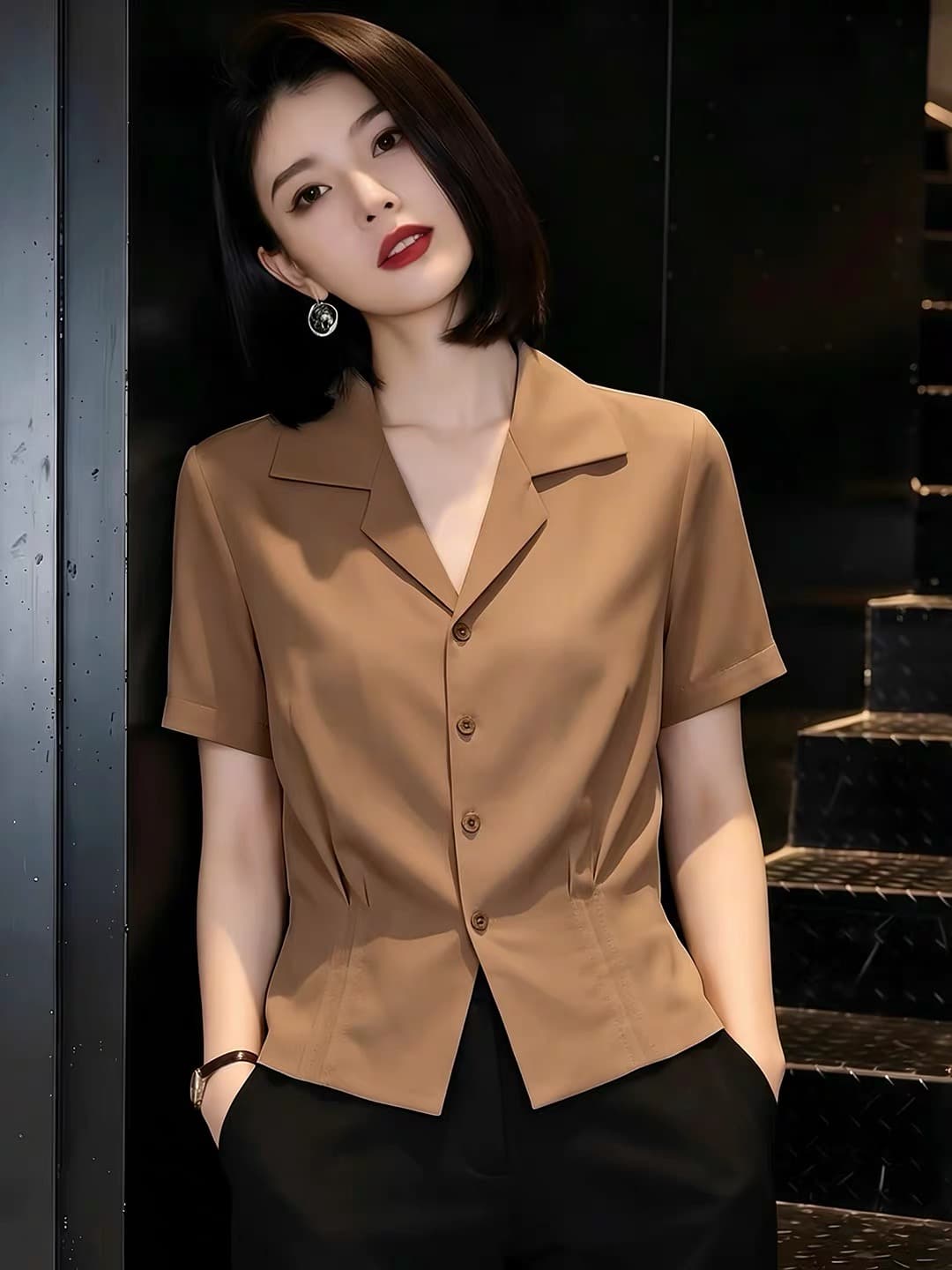 커피 색상 허리 수축 반팔 셔츠 여성 의류 2026 여름 새로운 올해 인기 폭발 출퇴근 품격 슬림해 보이는 맨위 이미지 2