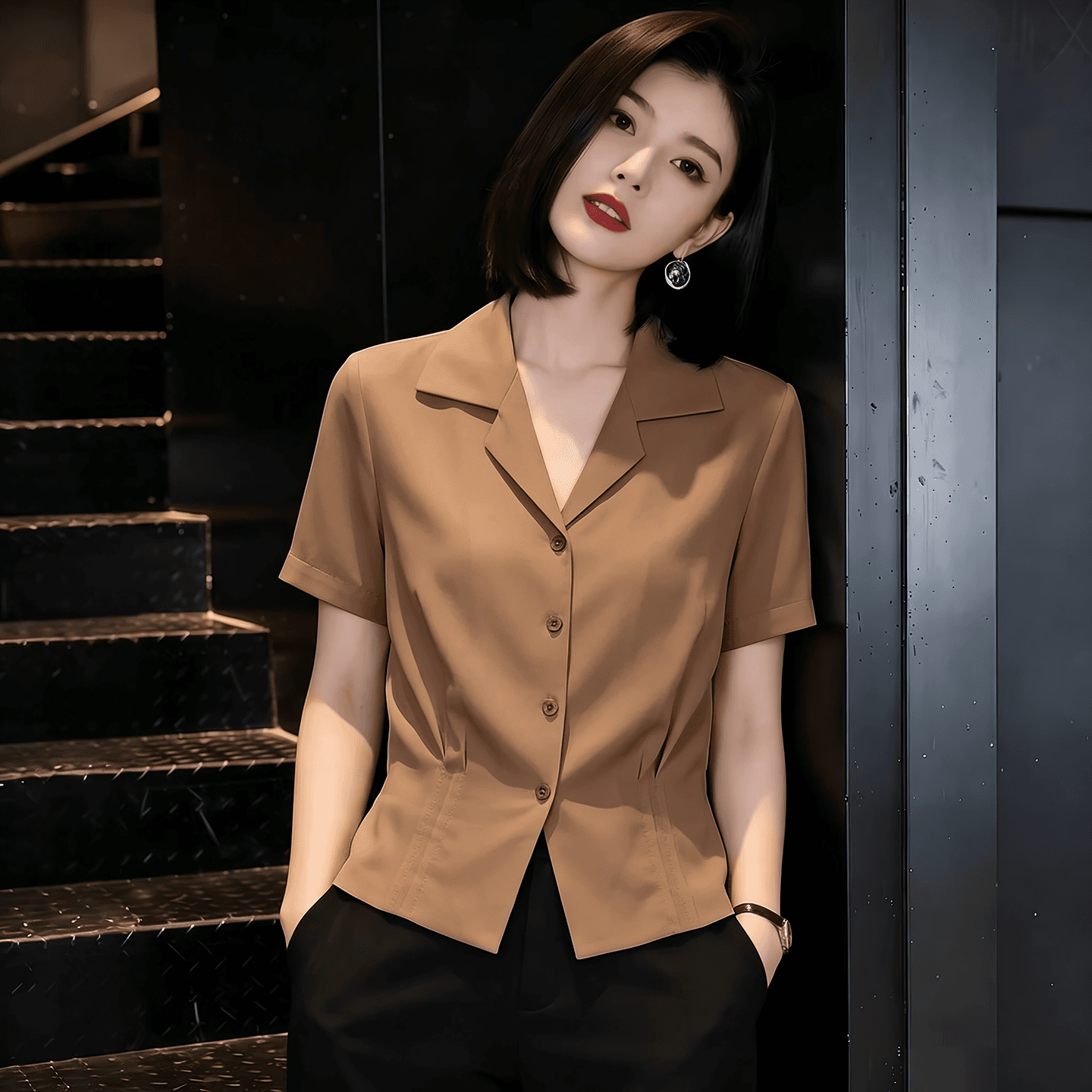 커피 색상 허리 수축 반팔 셔츠 여성 의류 2026 여름 새로운 올해 인기 폭발 출퇴근 품격 슬림해 보이는 맨위 상세 이미지 2