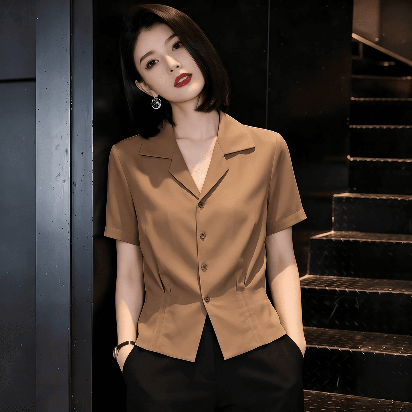 커피 색상 허리 수축 반팔 셔츠 여성 의류 2026 여름 새로운 올해 인기 폭발 출퇴근 품격 슬림해 보이는 맨위 상세 이미지 7