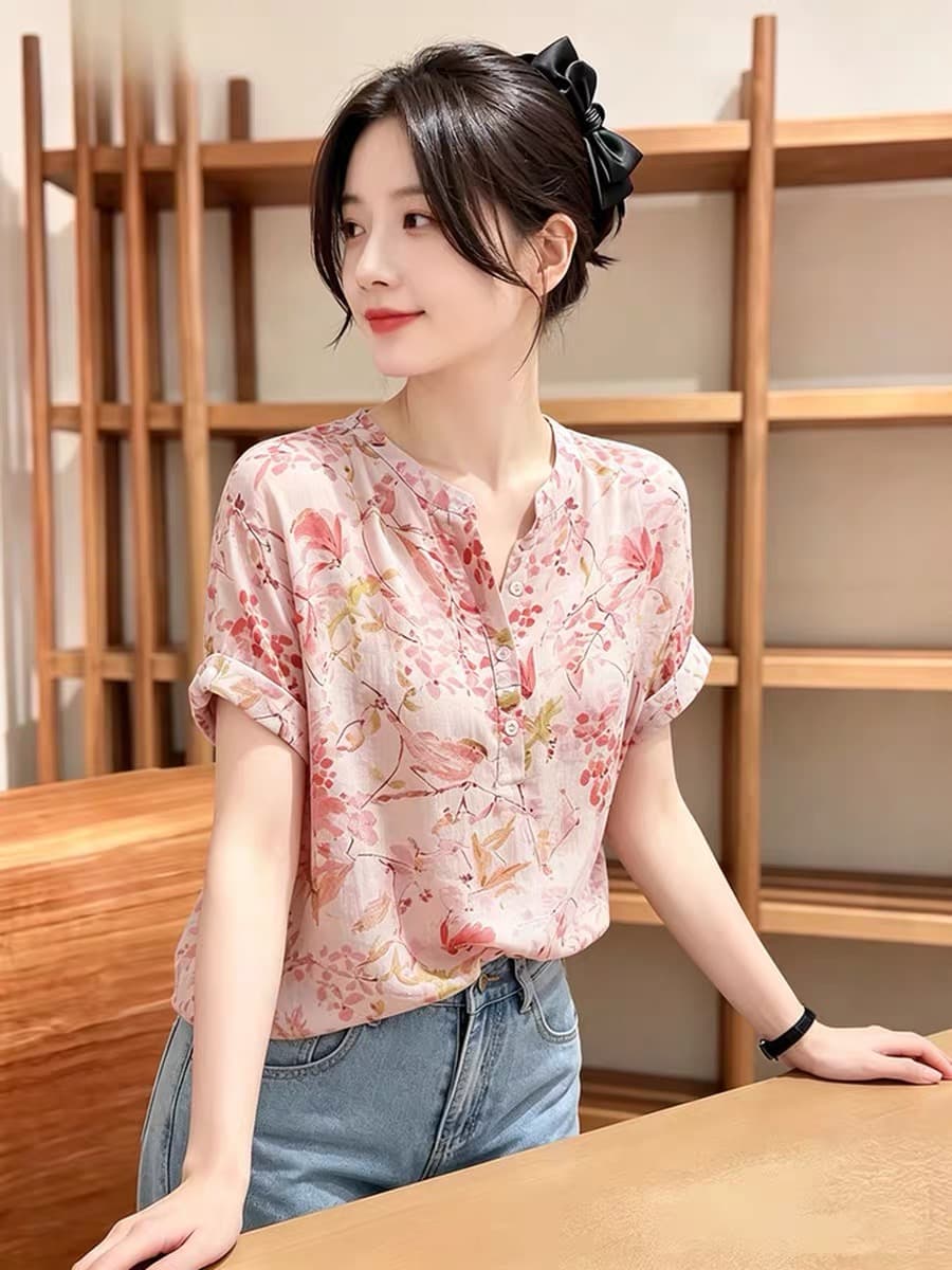 프랑스식 핑크색 꽃무늬 프린트 반팔 여성 셔츠 2026 여름 새로운 루즈핏 출퇴근 다용도 디자인 센스 맨위 이미지 2