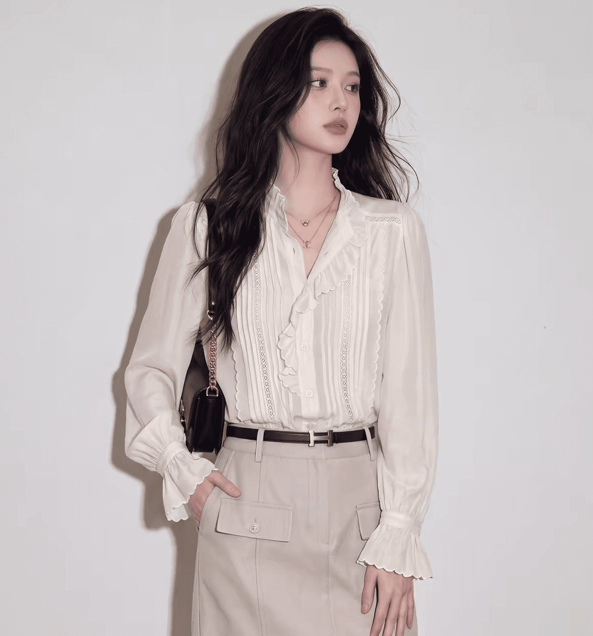 높음 지혜 센스 착용 가져 가라. 2026 빛 사람들 코치 분위기 센스 프랑스식 프릴 셔츠 반신 스커트 투피스 슈트 여성 가을 이미지 4