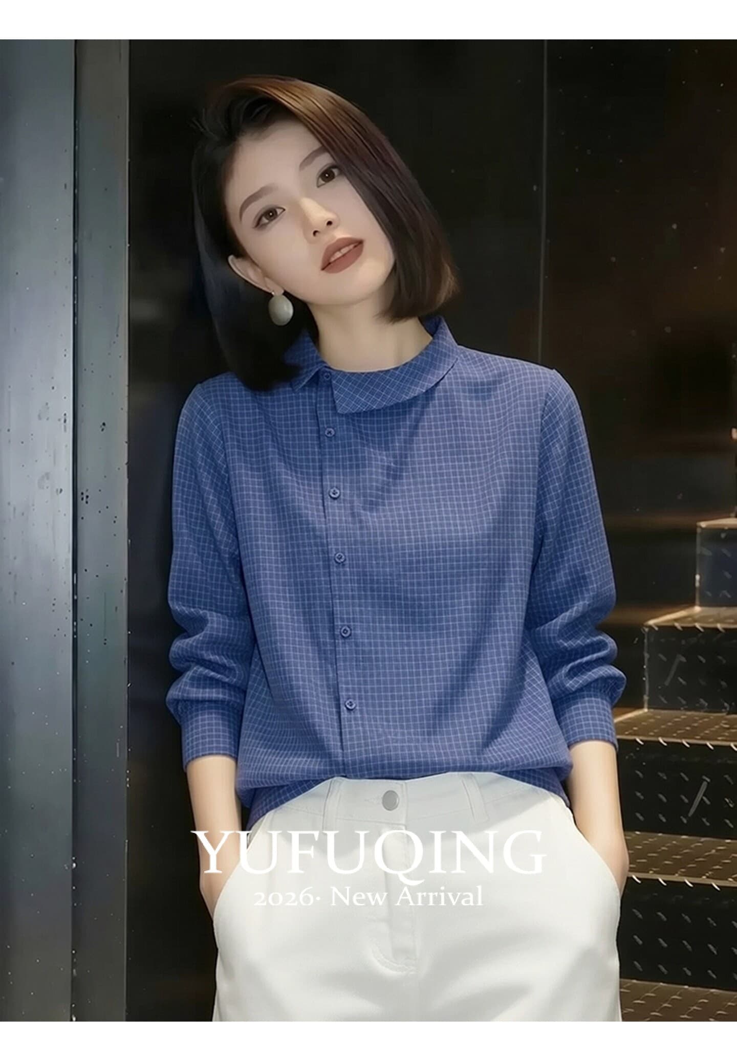 디자인 센스 파란색 체크무늬 긴팔 셔츠 여성 이른 가을 착용 가져 가라. 루즈핏 작은 대중 캐주얼 바람 폴로 칼라 체크무늬 맨위 상세 이미지 4