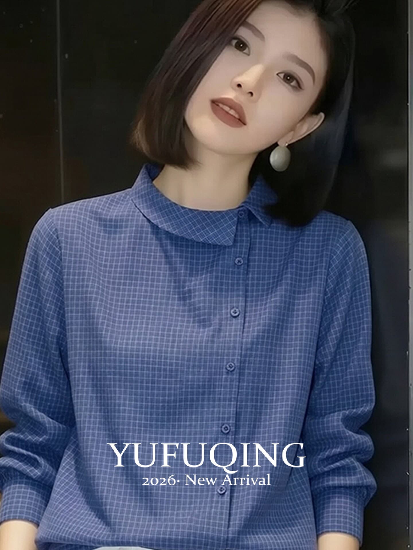 디자인 센스 파란색 체크무늬 긴팔 셔츠 여성 이른 가을 착용 가져 가라. 루즈핏 작은 대중 캐주얼 바람 폴로 칼라 체크무늬 맨위 상세 이미지 7