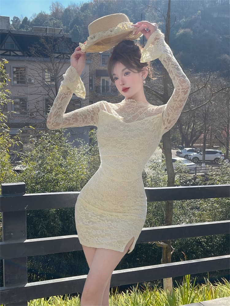 실사 품격 명문 여성 시스루 섹시함 레이스 몸매 가꾸기 나팔 소매 드레스 순수한 욕망 핫걸 타이트 스커트 상세 이미지 6