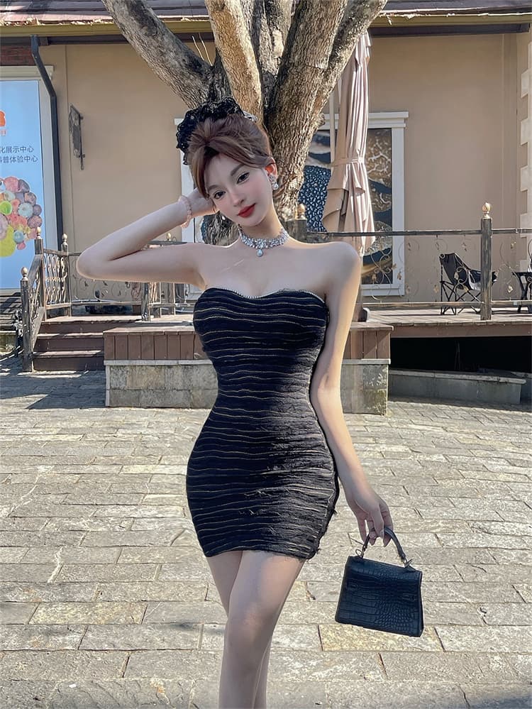 실사 천 금빛 바람 몸매 가꾸기 튜브탑 핫걸 타이트 스커트 명문 여성 섹시함 오프숄더 나이트 클럽 슬림해 보이는 드레스 상세 이미지 17
