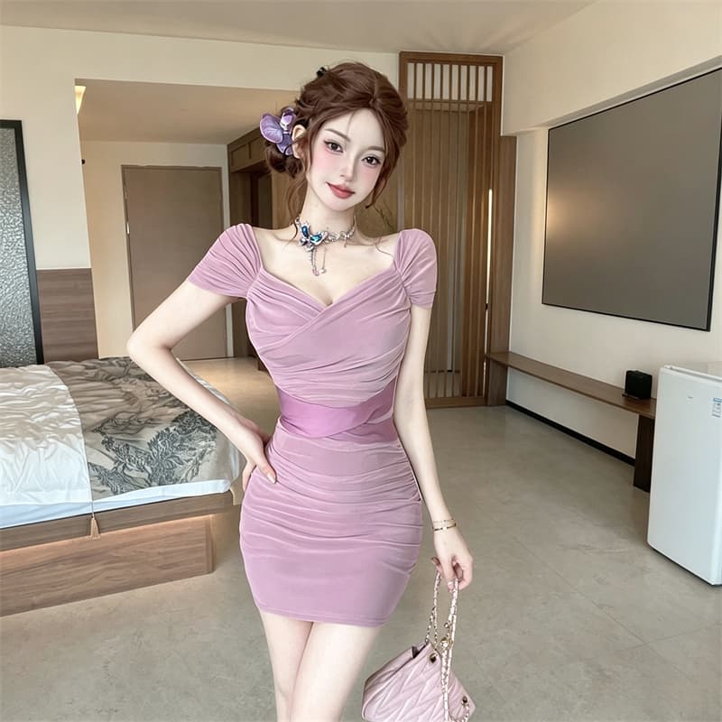 실사 순수한 욕망 바람 보라색 망사 오프숄더 드레스 섹시함 V넥 허리 수축 몸매 가꾸기 핫걸 타이트 스커트 미니 스커트 이미지 6