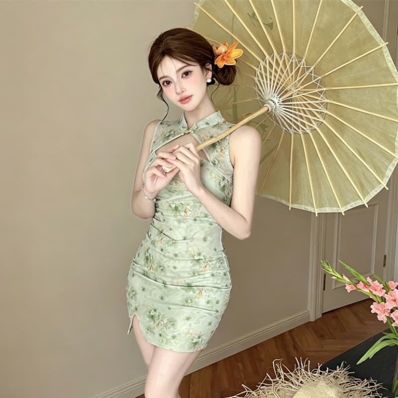 실사 새로운 중식 개선 녹색 꽃무늬 치파오 드레스 순수한 욕망 바람 차 예술 소녀 섹시함 몸매 가꾸기 드레스 이미지 3