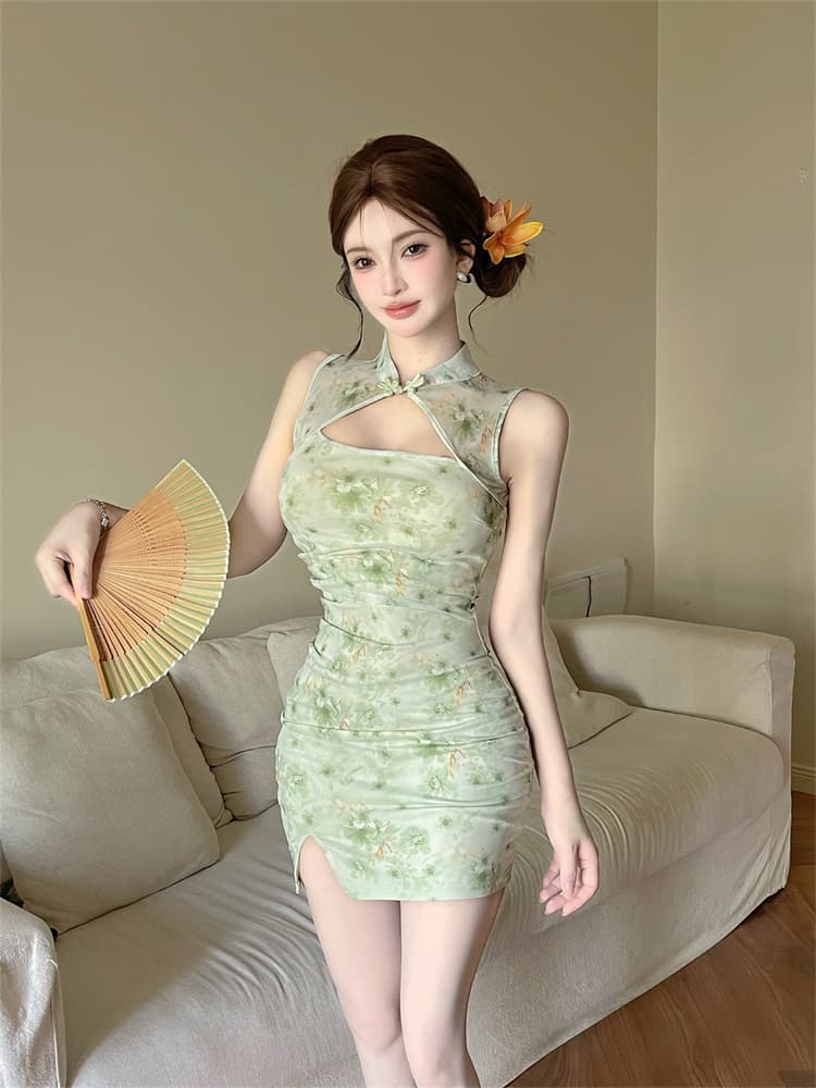 실사 새로운 중식 개선 녹색 꽃무늬 치파오 드레스 순수한 욕망 바람 차 예술 소녀 섹시함 몸매 가꾸기 드레스 상세 이미지 4