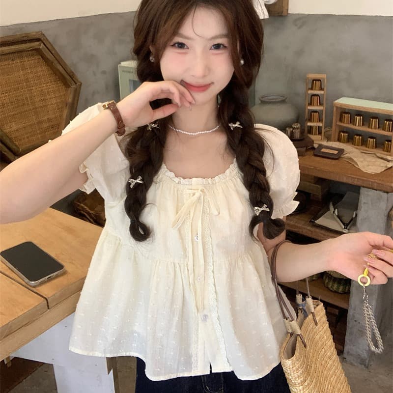 실사 정가 작은 키 레이스 레이스 거품 소매 화이트 여성 셔츠 몸매 가꾸기 반팔 Chic 셔츠 이미지 5
