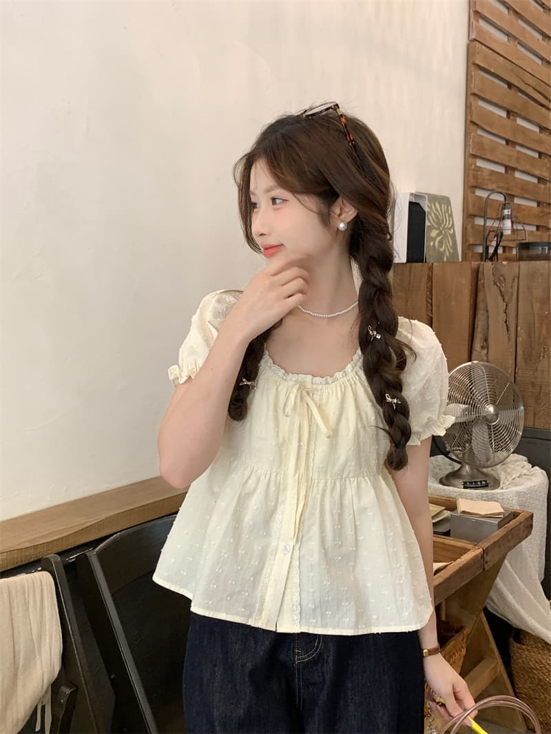 실사 정가 작은 키 레이스 레이스 거품 소매 화이트 여성 셔츠 몸매 가꾸기 반팔 Chic 셔츠 상세 이미지 10