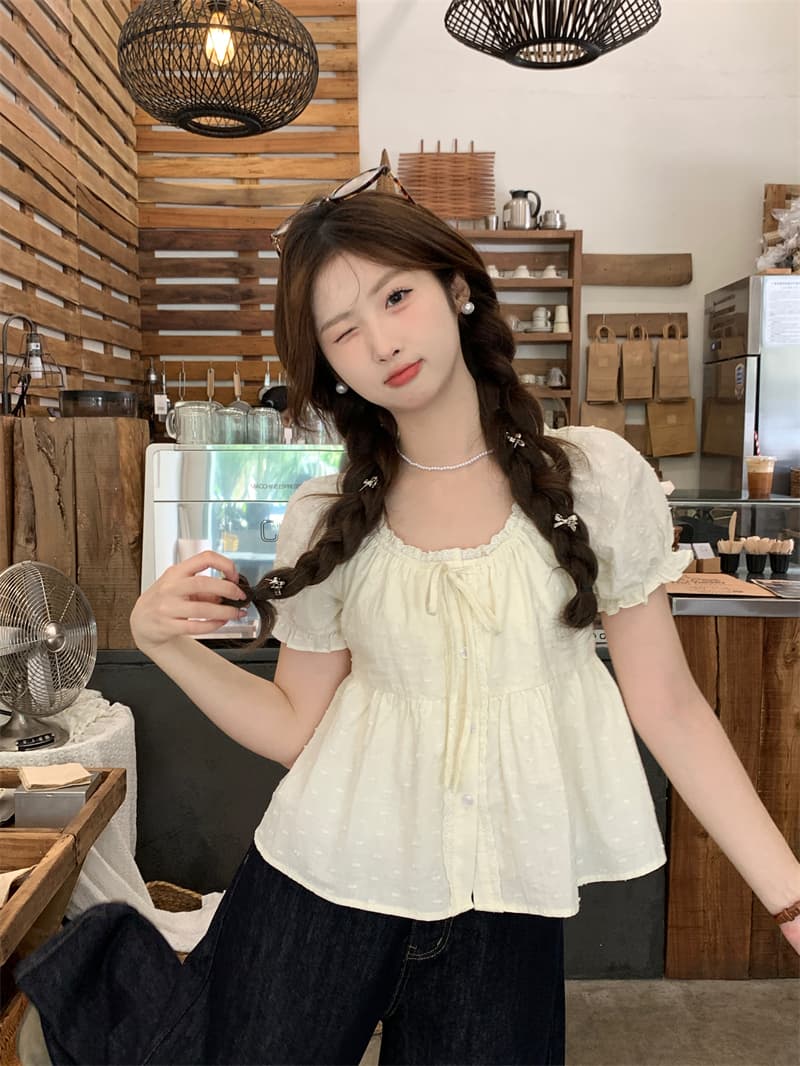 실사 정가 작은 키 레이스 레이스 거품 소매 화이트 여성 셔츠 몸매 가꾸기 반팔 Chic 셔츠 상세 이미지 12
