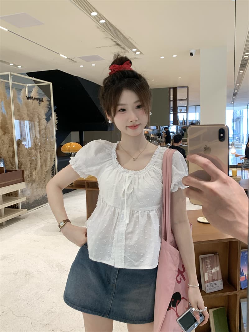 실사 정가 작은 키 레이스 레이스 거품 소매 화이트 여성 셔츠 몸매 가꾸기 반팔 Chic 셔츠 상세 이미지 17