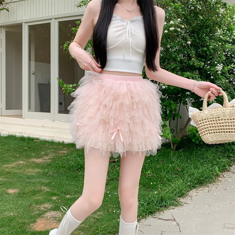 실사 정가 프랑스식 달콤함 미니 스커트 소녀 센스 반신 스커트 망사 퍼프 스커트 여름 여성 이미지 3