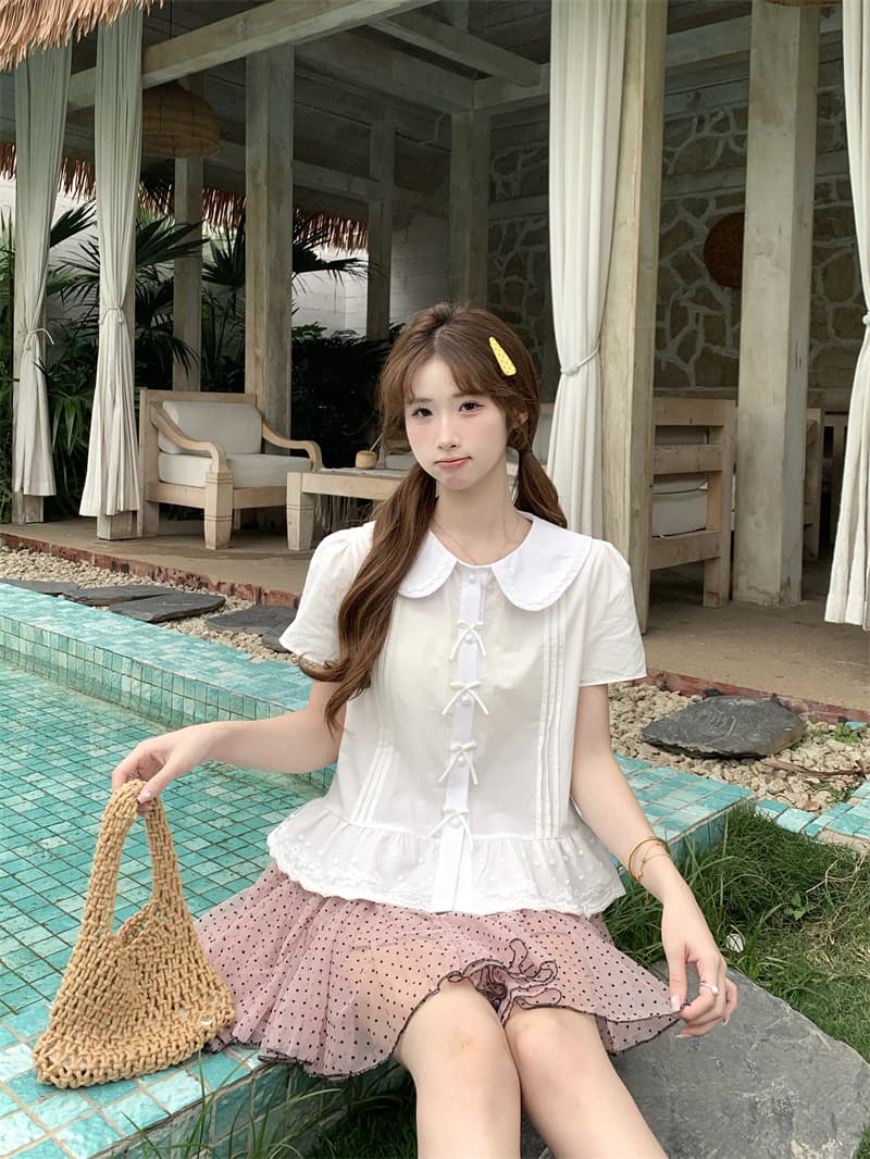 실사 정가 jk 여름 새로운 베이비 칼라 자수 반팔 여성 셔츠 귀여운 달콤함 맨위 반신 스커트 상세 이미지 4