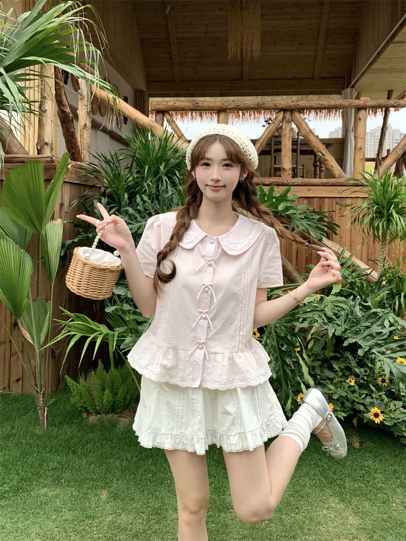 실사 정가 jk 여름 새로운 베이비 칼라 자수 반팔 여성 셔츠 귀여운 달콤함 맨위 반신 스커트 상세 이미지 8