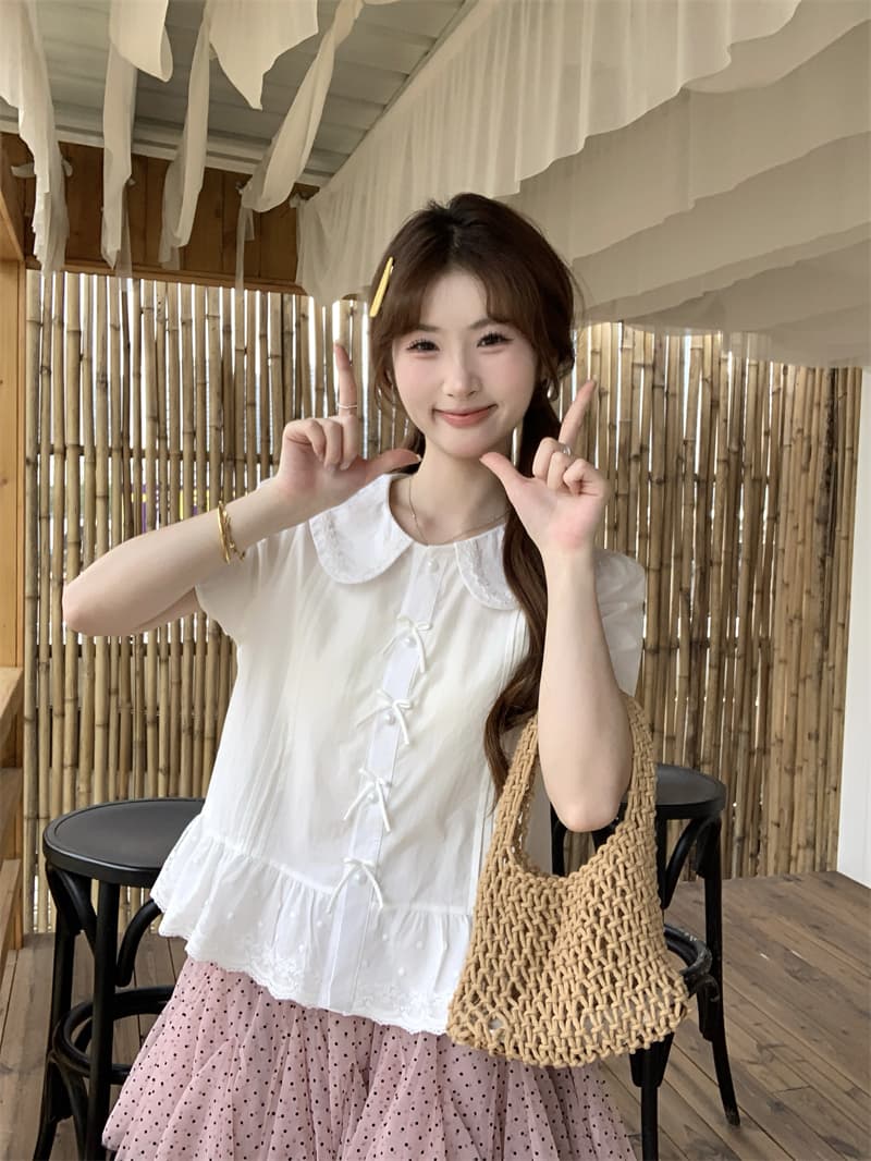 실사 정가 jk 여름 새로운 베이비 칼라 자수 반팔 여성 셔츠 귀여운 달콤함 맨위 반신 스커트 상세 이미지 15