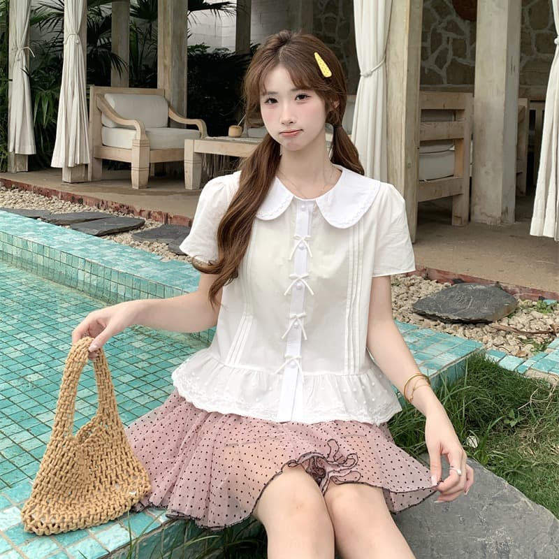 실사 정가 jk 여름 새로운 베이비 칼라 자수 반팔 여성 셔츠 귀여운 달콤함 맨위 반신 스커트 이미지 5