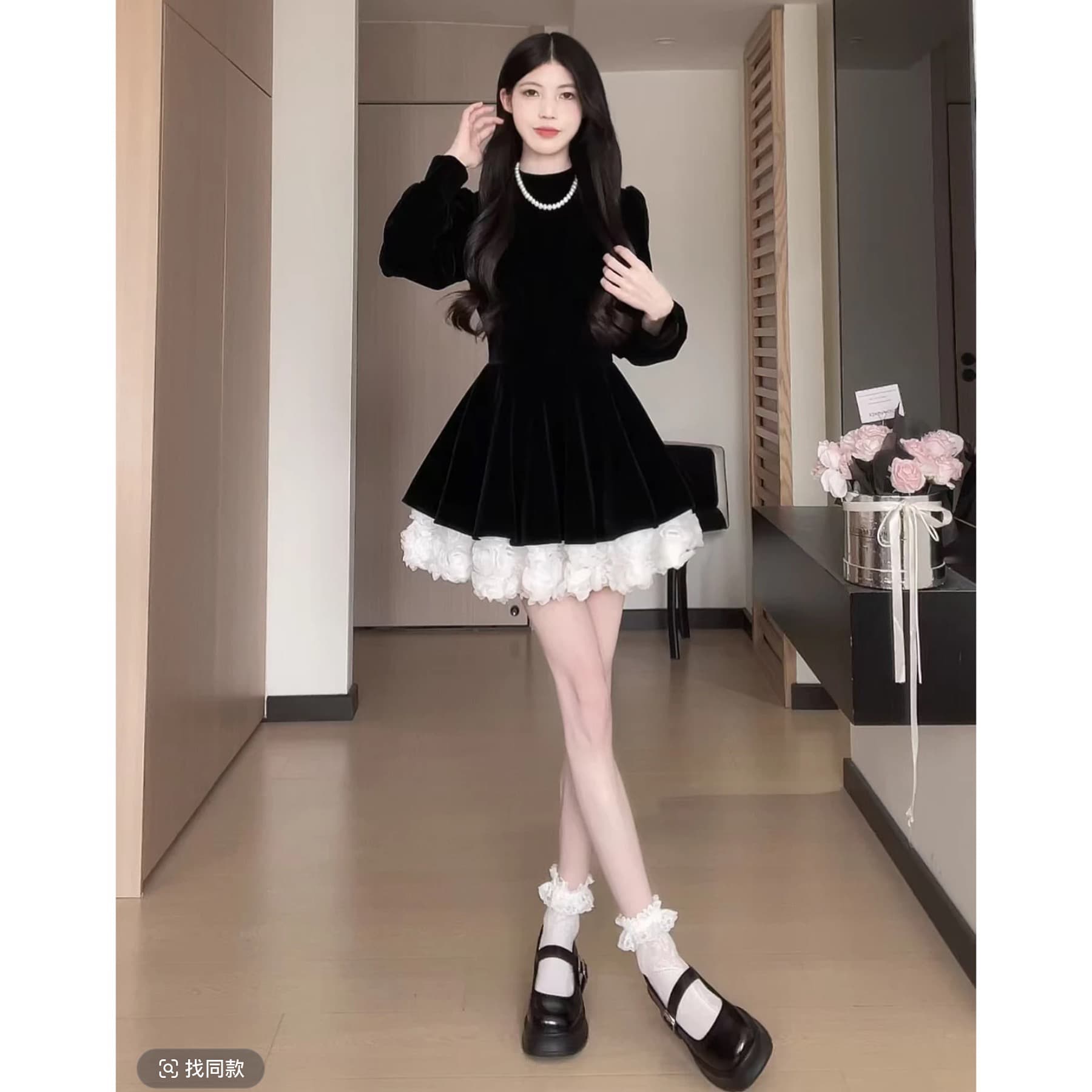 마츠모토 애도 애도 공주 벨벳 치마 패치워크 드레스 겨울 A라인 스커트 미니 스커트 슬림해 보이는 허리 수축 이미지 3