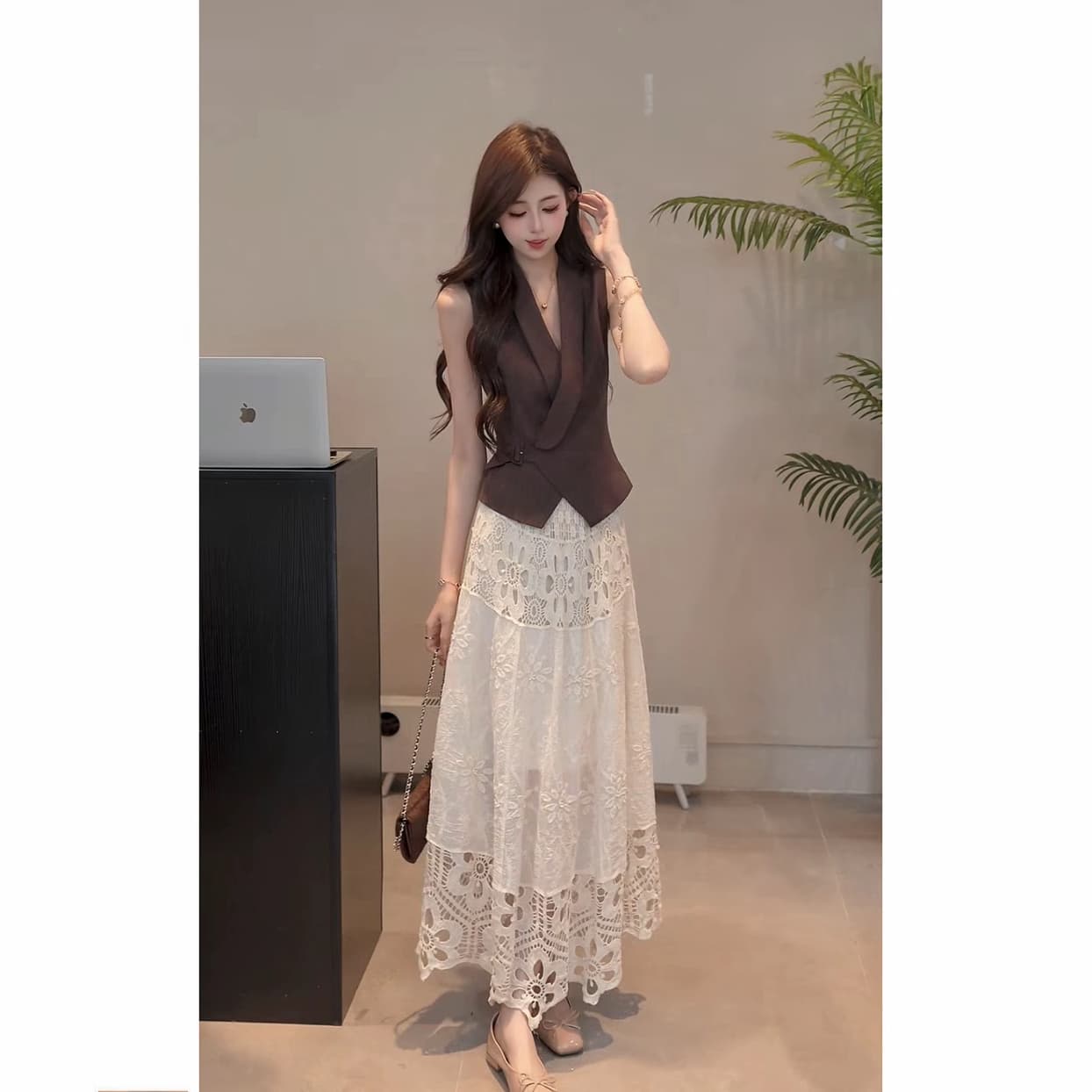 yuanliansu 둥근 얼굴 파삭 파삭 한 보라색 산수유 체리 향기로운 천천히 품격 티셔츠 반신 치마 세트 여성 여름 상세 이미지 1