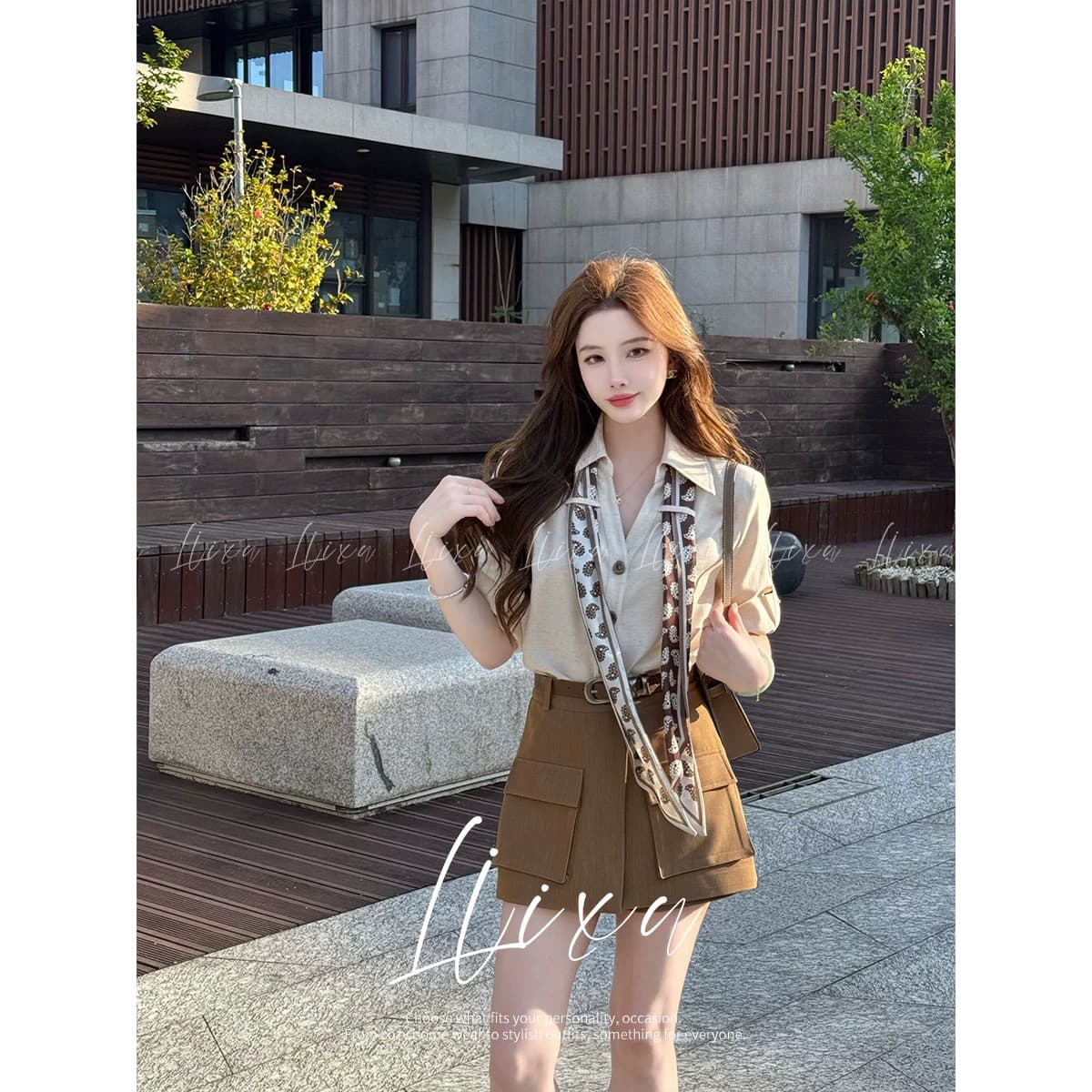 당나라 작은 느릅 나무 여름 새로운 디자인 센스 폴로 칼라 셔츠 코디 하이웨이스트 워크웨어 반바지 세트 상세 이미지 4