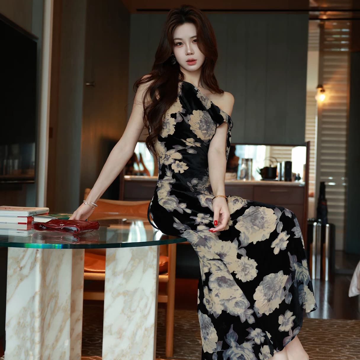 무쯔리 목자이 ~ 중 리 잉크 염색 얀 란 새로운 중식 수묵화 프린트 비스듬한 어깨 민소매 레이스업 드레스 인어 꼬리 길다 상세 이미지 2