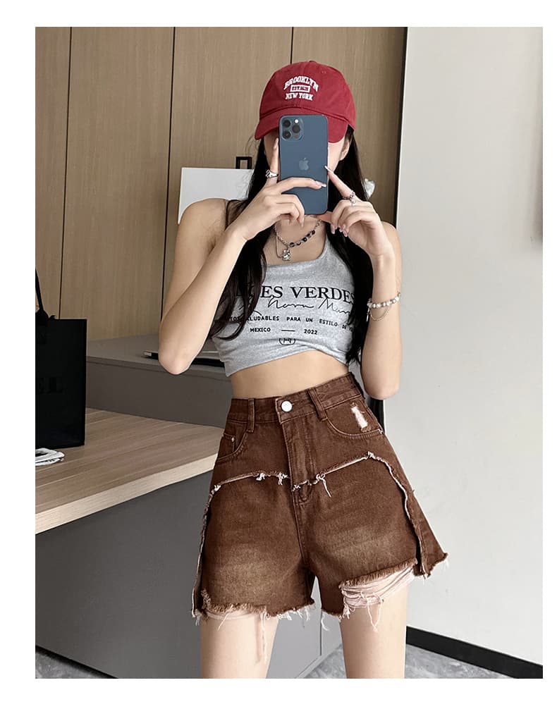 실사 배색 디자인 찢어진 데님 반바지 여성 2026 여름 한국 스타일 슬림해 보이는 하이웨이스트 거친 가장자리 넓은 다리 핫 바지 트렌디 상세 이미지 21
