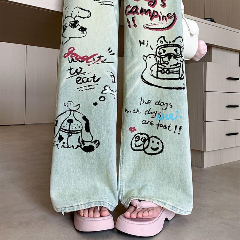 실사 무거운 공예 낙서 데님 와이드 레깅스 바지 2026 여름 하이웨이스트 슬림해 보이는 튀김 거리 스트레이트 바닥 청소 바지 트렌디 바지 이미지 5