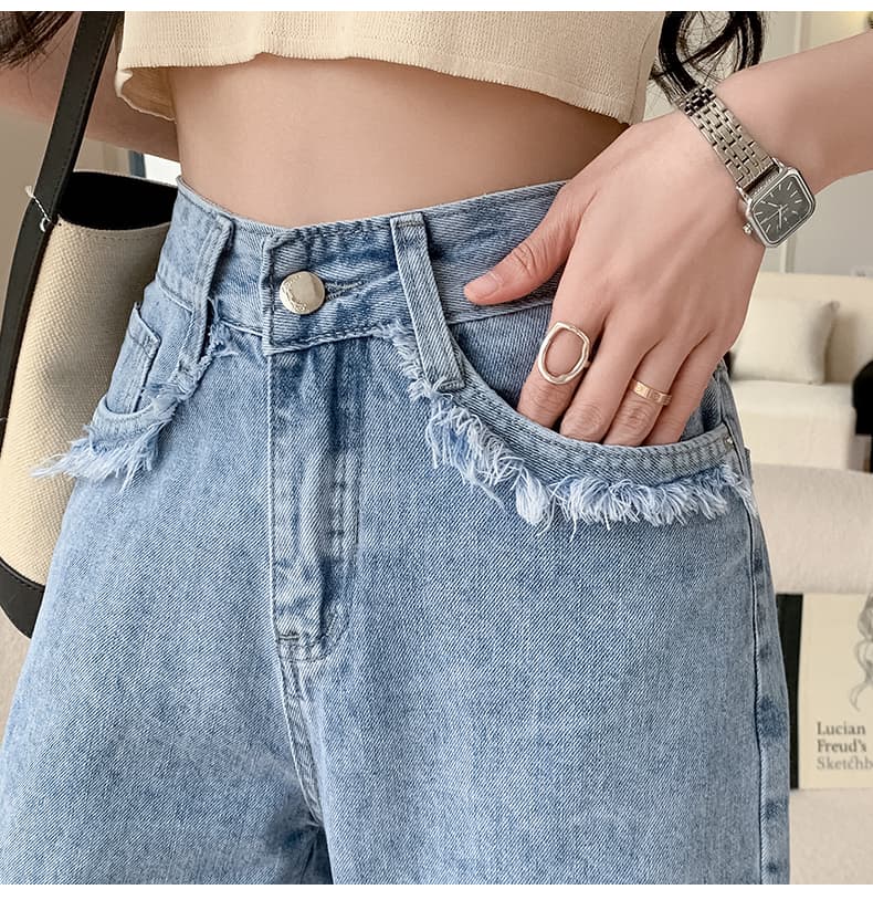 실사 레트로 거친 가장자리 데님 오부 바지 여성 2026 봄 여름 한국 스타일 미니멀리즘 항구 바람 하이웨이스트 슬림해 보이는 스트레이트 반바지 상세 이미지 26