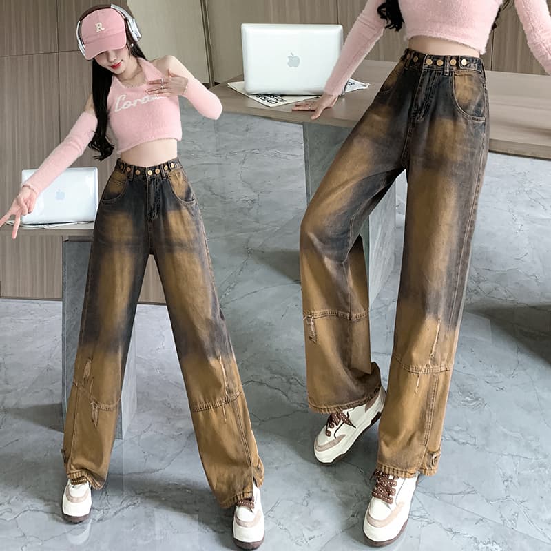 실사 레트로 홀치기 염색 데님 스트레이트 와이드 레깅스 바지 2026 여름 아메리칸 노란 진흙 좁은 섹션 패치워크 긴 바지 ins 이미지 3