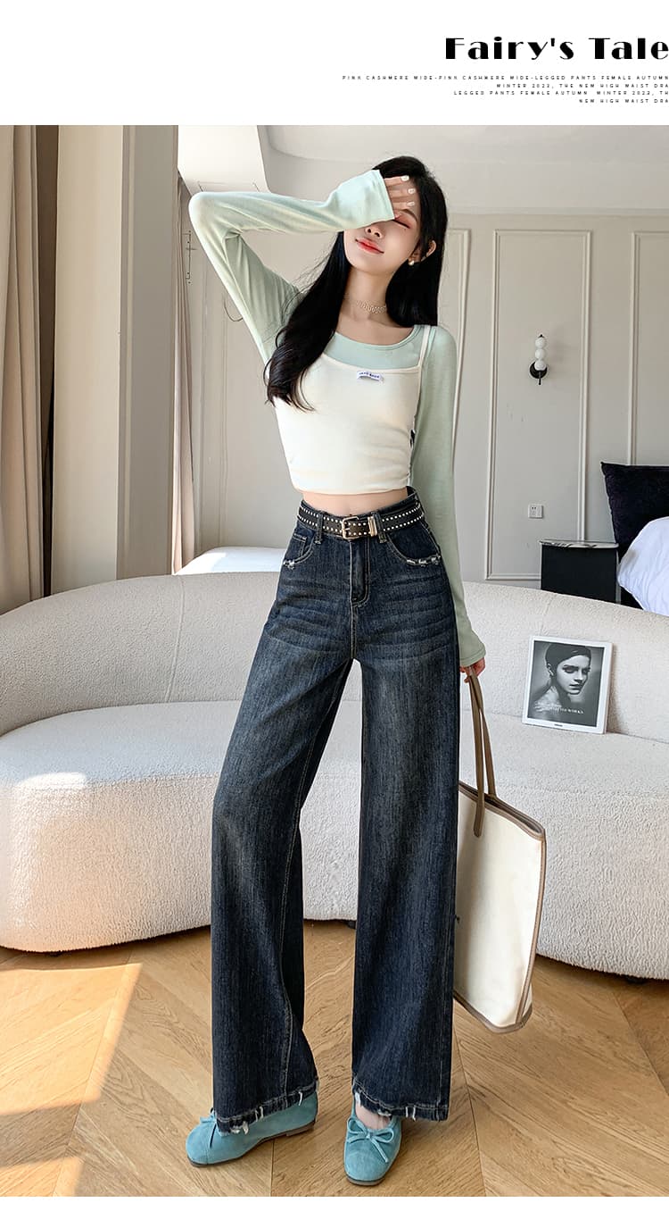대 물품 실사 아니요 변형 좋은 면 원단 데님 여성 2026 가을 겨울철 슬림해 보이는 루즈핏 신축성 넓은 다리 바닥 청소 바지 상세 이미지 16