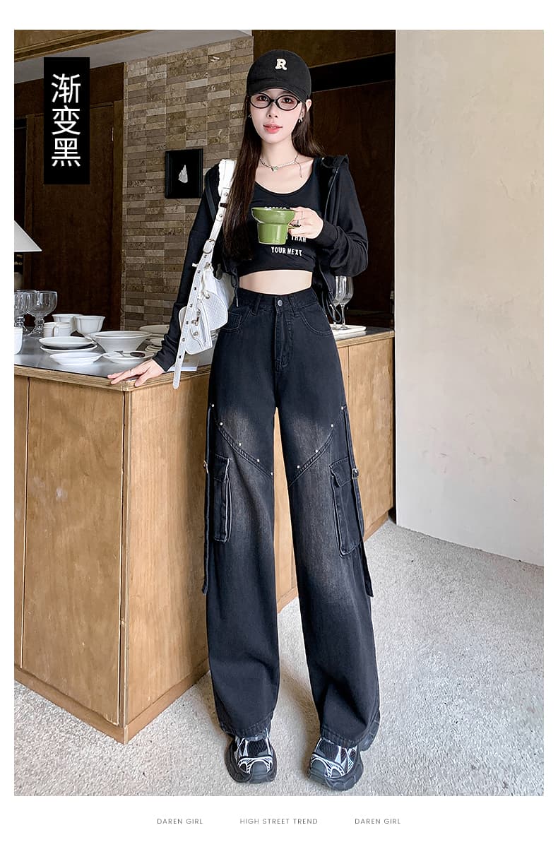 실사 아메리칸 데님 와이드 레깅스 바지 2026 가을 새로운 핫걸 좁은 섹션 기타 주머니 패치워크 하이웨이스트 워크웨어 팬츠 상세 이미지 23