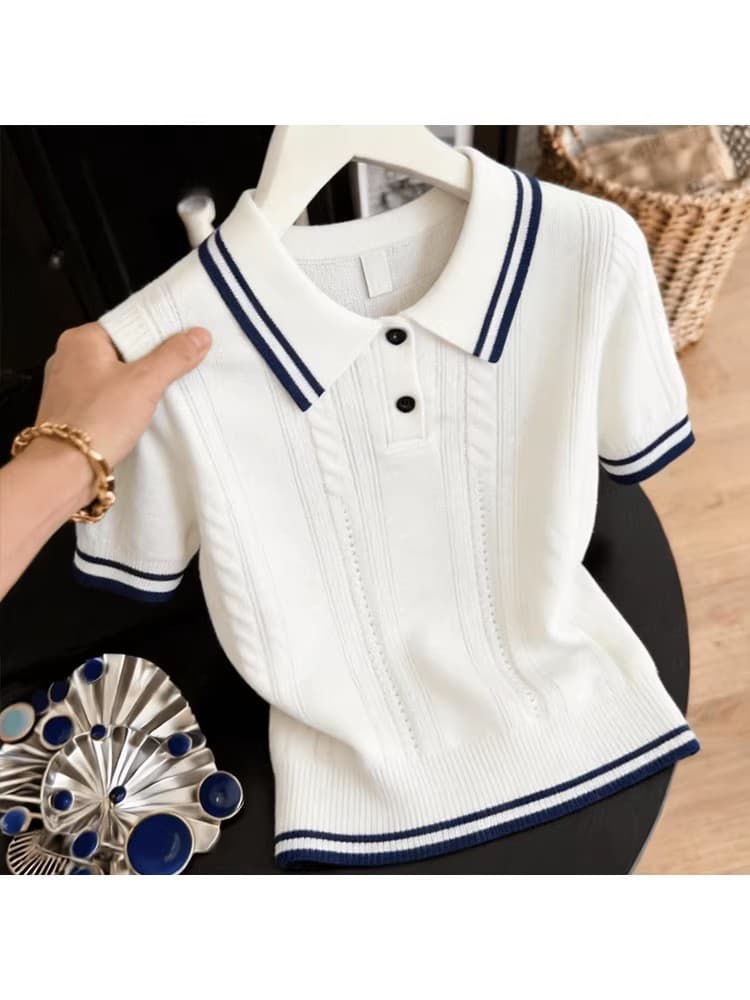2026 여름 새로운 배색 POLO 칼라 반팔 티셔츠 여성 작은 대중 고유 한 아름다운 작은 셔츠 슬림해 보이는 맨위 이미지 3