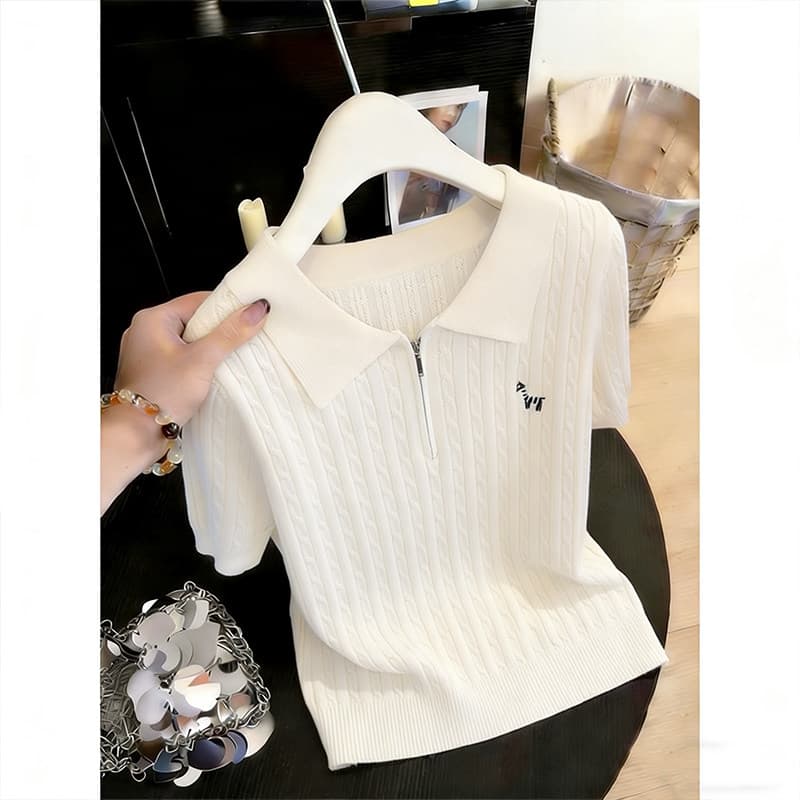 2026 여름 새로운 POLO 칼라 품격 니트 반팔 티셔츠 미니멀리즘 miu 부서 니트 스웨터 여성 이미지 3
