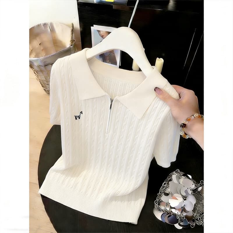2026 여름 새로운 POLO 칼라 품격 니트 반팔 티셔츠 미니멀리즘 miu 부서 니트 스웨터 여성 상세 이미지 4