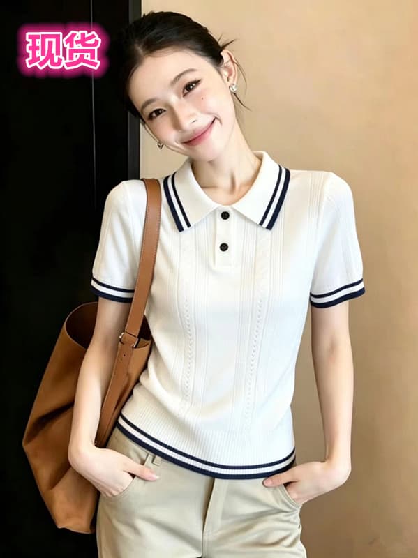 배색 POLO 칼라 디자인 2026 년 새로운 여름 베이지 색 출퇴근 캐주얼 패션 반팔 니트 스웨터