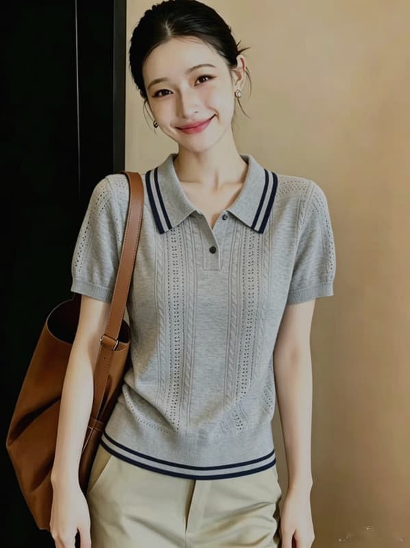 회색 배색 다용도 새로운 단색 출퇴근 슬림해 보이는 작은 대중 Chic 니트 스웨터 POLO 칼라 반팔 맨위 이미지 3