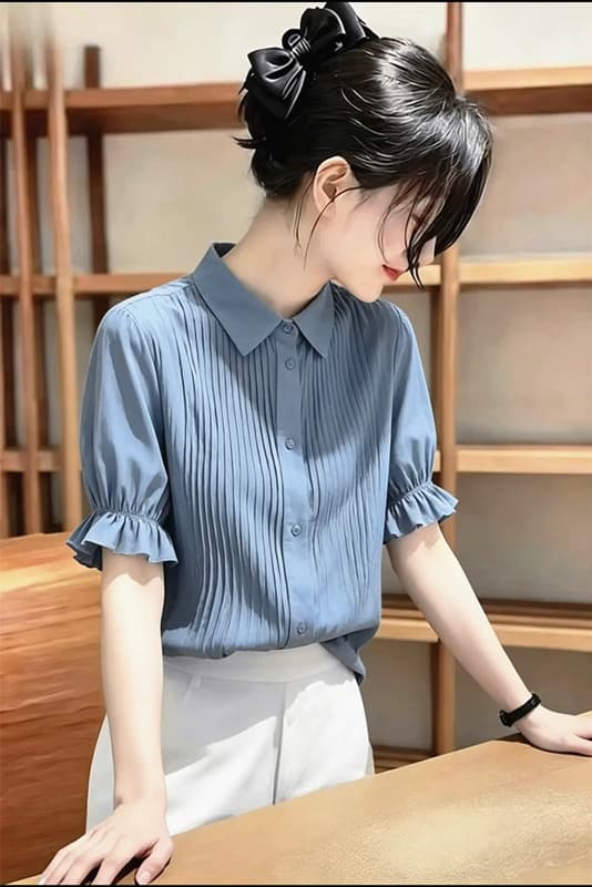 출퇴근 바람 파란색 거품 소매 여성 셔츠 여름 새로운 패션 폴로 칼라 주름 품격 셔츠 연령 감소 맨위 이미지 3