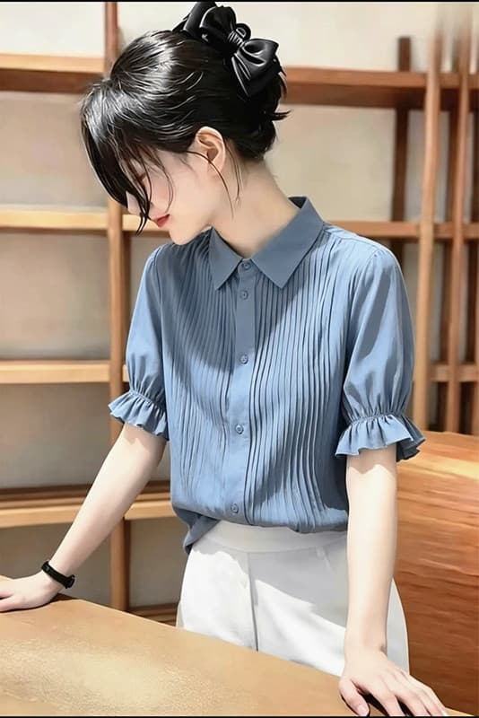출퇴근 바람 파란색 거품 소매 여성 셔츠 여름 새로운 패션 폴로 칼라 주름 품격 셔츠 연령 감소 맨위 상세 이미지 3
