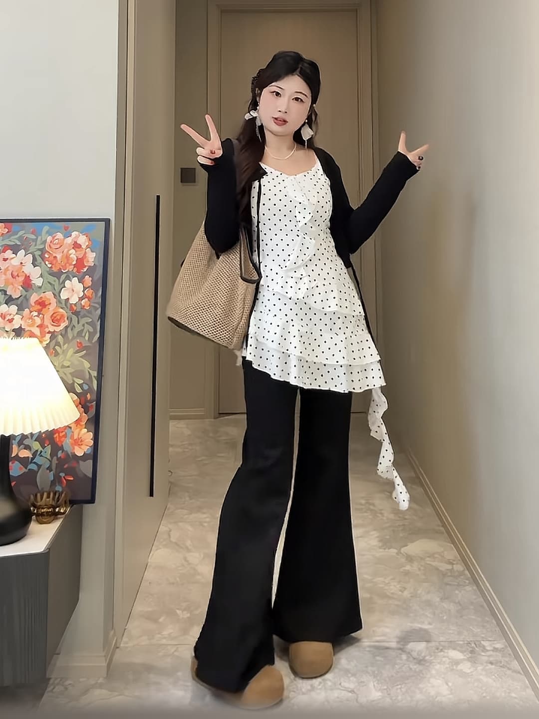 지금 지금 프랑스식 도트 무늬 슬립 치마 검정색 오픈 가디건 나팔 바지 3종 세트 마이크로 지방 슬림해 보이는 표지 고기 착용 가져 가라. 세트 상세 이미지 6