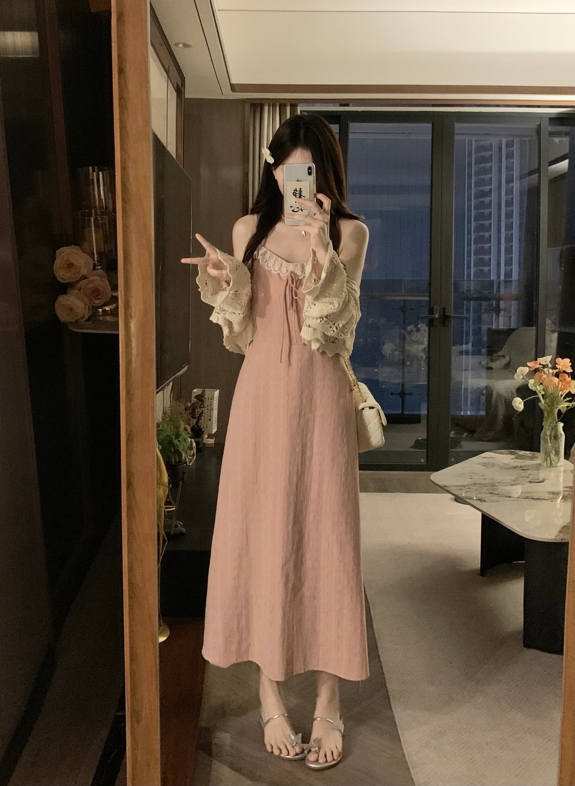 실사 지금 지금 빅 사이즈 봄 여름 새로운 홀로우 아웃 재킷 오픈 가디건 슬립 레이스 조각 드레스 소녀 세트 이미지 3