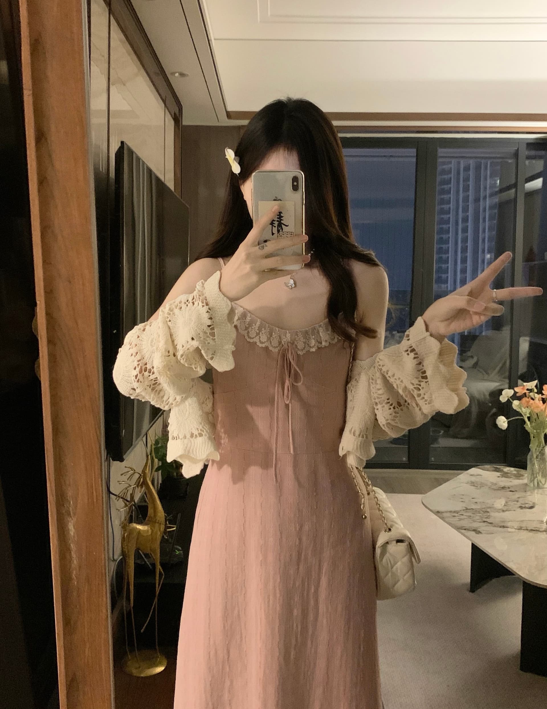 실사 지금 지금 빅 사이즈 봄 여름 새로운 홀로우 아웃 재킷 오픈 가디건 슬립 레이스 조각 드레스 소녀 세트 상세 이미지 1