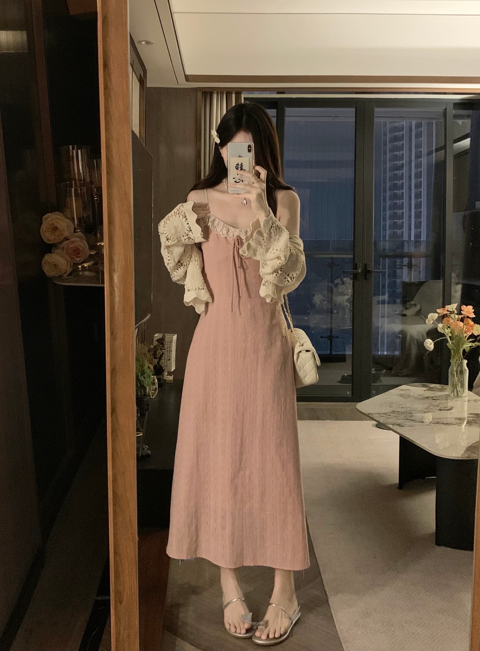 실사 지금 지금 빅 사이즈 봄 여름 새로운 홀로우 아웃 재킷 오픈 가디건 슬립 레이스 조각 드레스 소녀 세트 상세 이미지 2